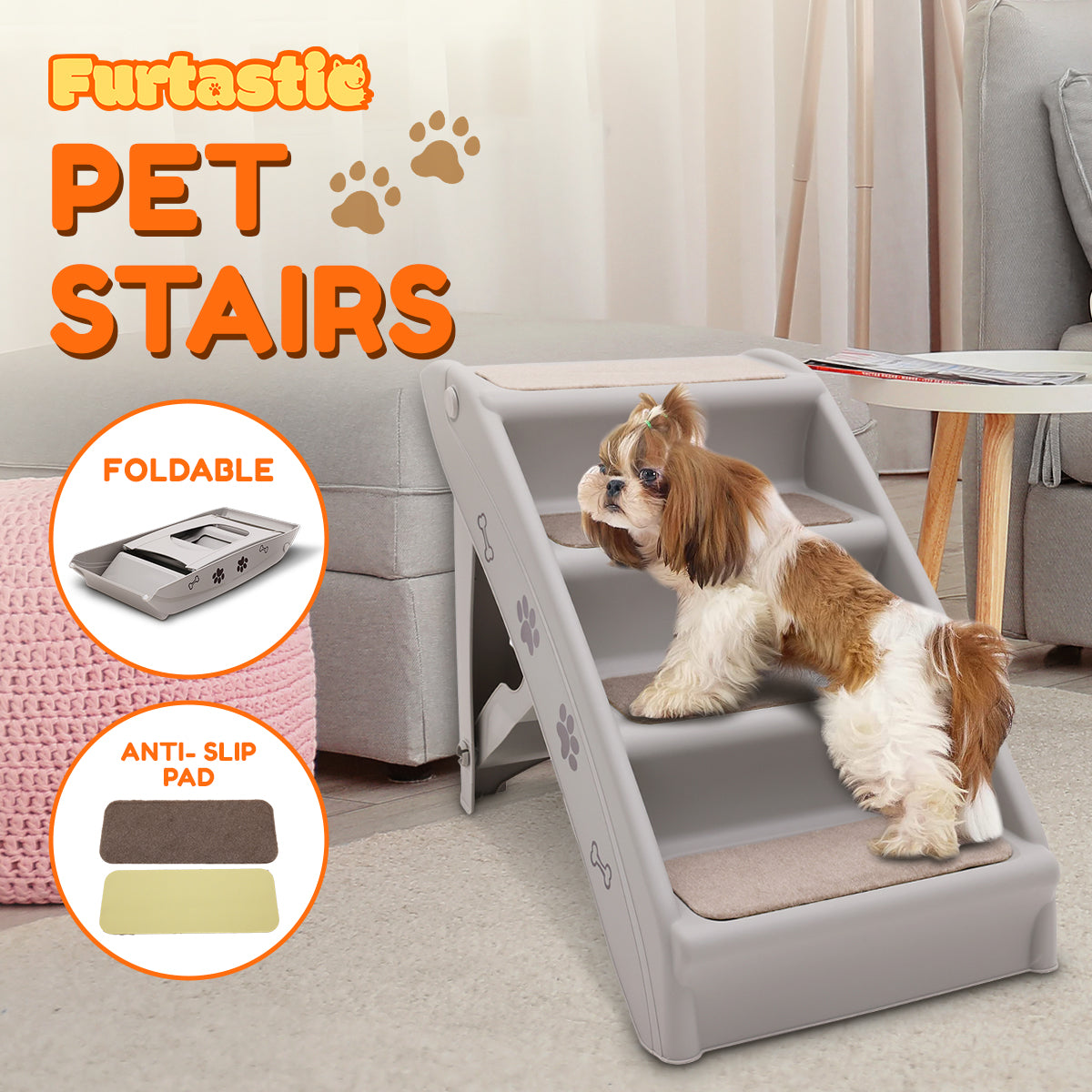 Furtastic Foldable Pet Stairs in Grey - 50cm