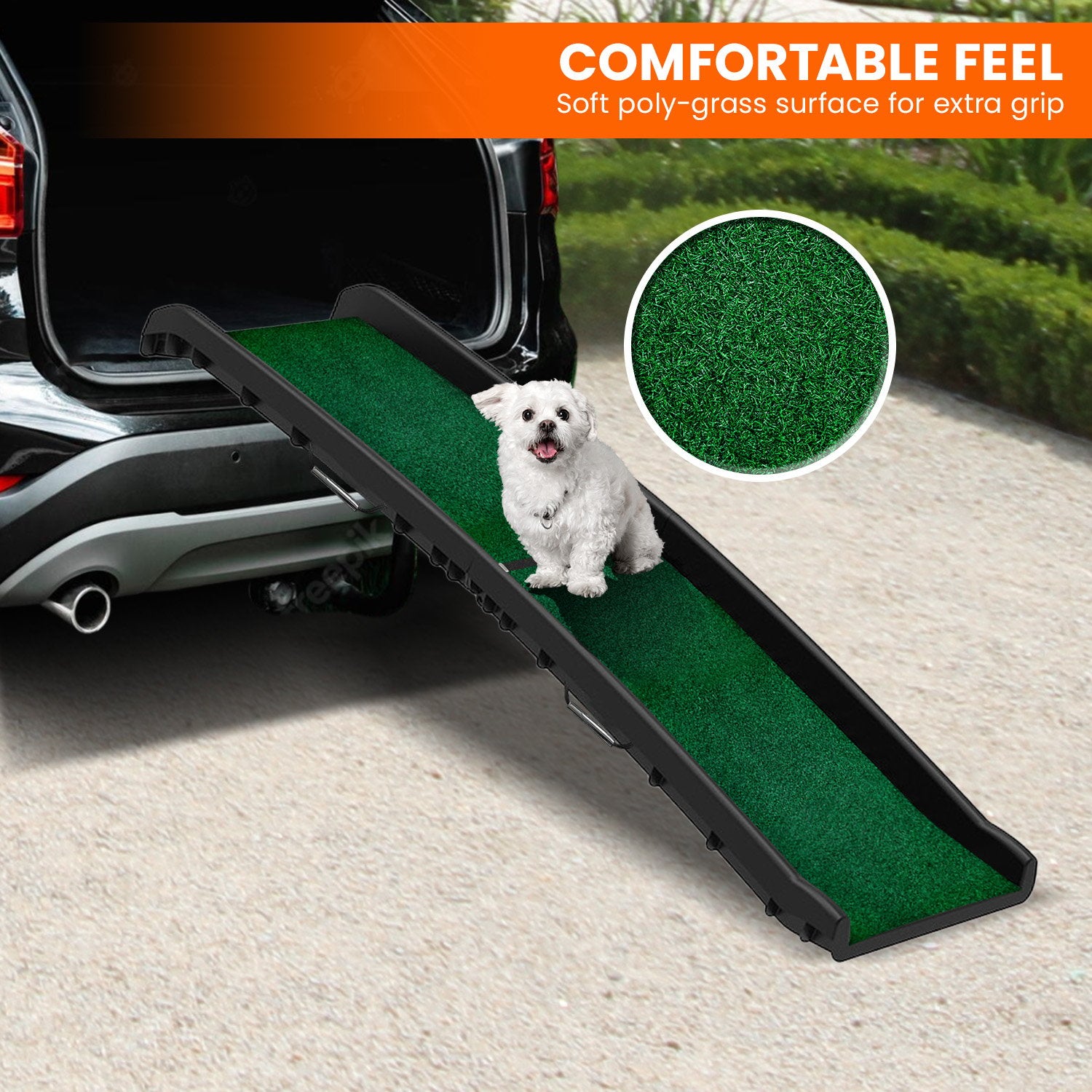 Foldable Dog Ramp with Poly-Grass Grip Surface Non-Slip UV Protection